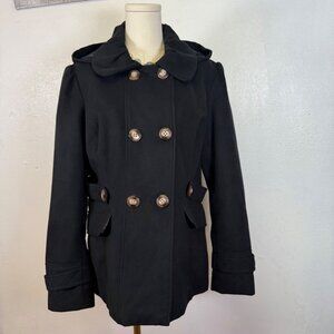 PINK ENVELOPE Womens Long Sleeve Button Front PeaCoat Jacket Black Hooded